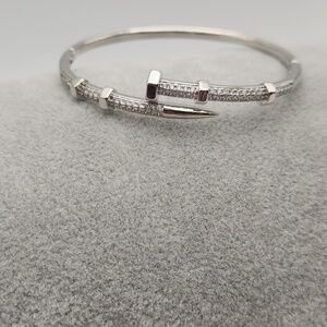 Silver Tone Pavé Nail Bracelet | Zircon Accents | Sleek Modern Statement Jewelry